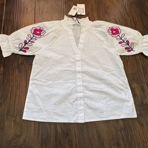 White Button Down Shirt with Pink Floral Embroidery